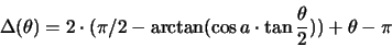 \begin{displaymath}
\Delta(\theta) =
2 \cdot (\pi/2 - \arctan(\cos a \cdot \tan \frac{\theta}{2})) + \theta - \pi
\end{displaymath}