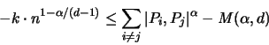 \begin{displaymath}
-k \cdot n^{1-\alpha/(d-1)} \leq
\sum_{i \neq j} \vert P_i,P_j \vert ^{\alpha} -{\mathit M}(\alpha,d)
\end{displaymath}